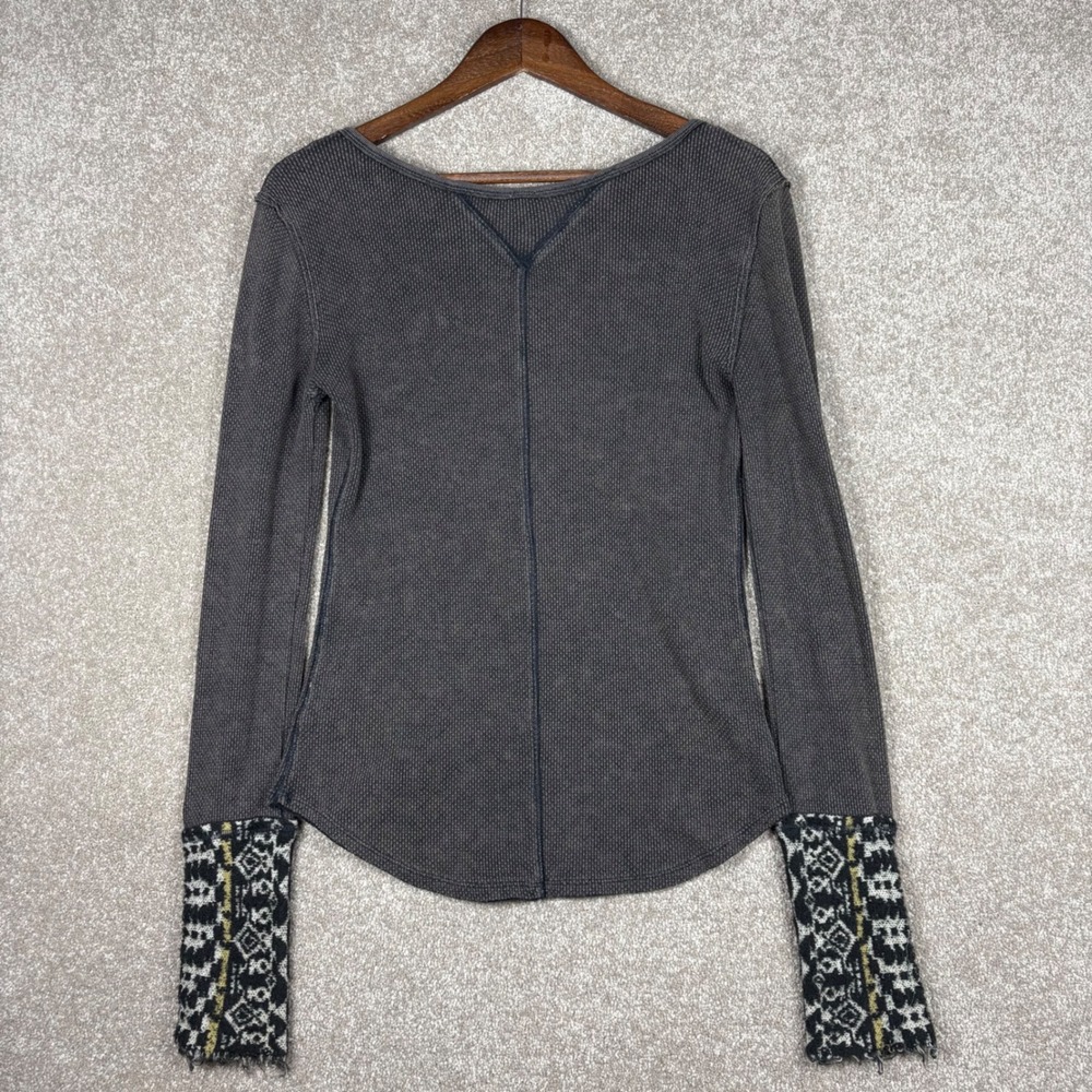 We The Free Free People Charcoal Gray Waffle Knit Thermal V-Neck Top Large - Picture 4 of 7